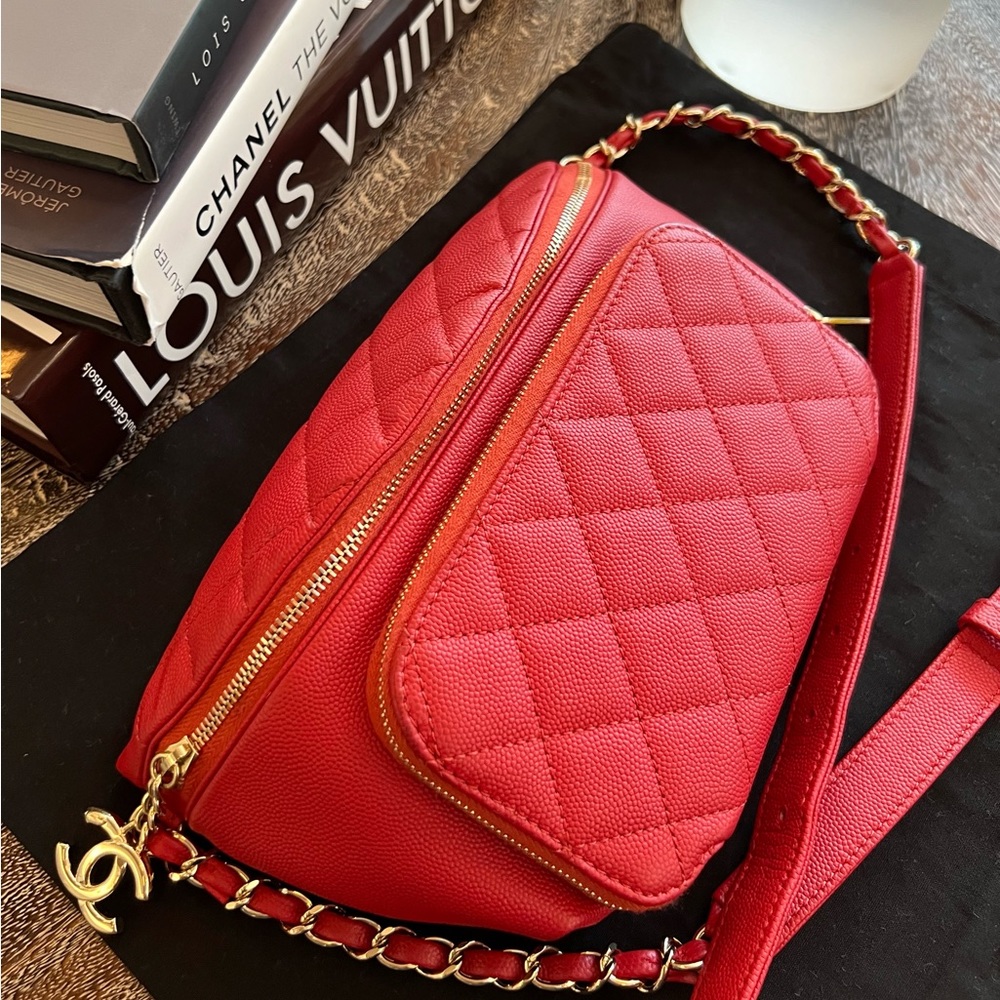 SOLD! CHANEL Caviar Quilted Business Affinity
Waist Belt Bag in Red